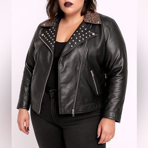 TORRID x BETSEY JOHNSON Leopard Trim Studded Faux Leather Jacket Black Size 1X - Picture 12 of 16